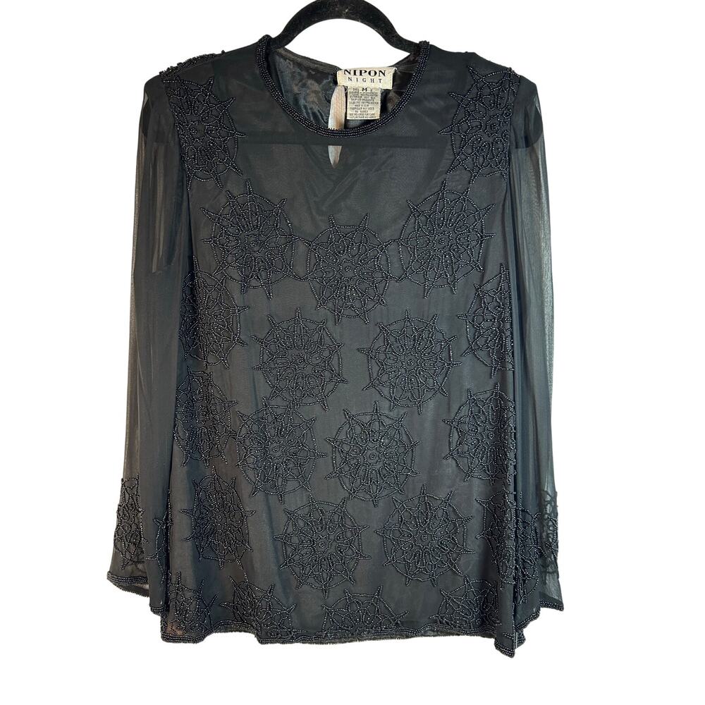 Nipon night vintage silk blouse circular beaded application Sheer sleeves chest.